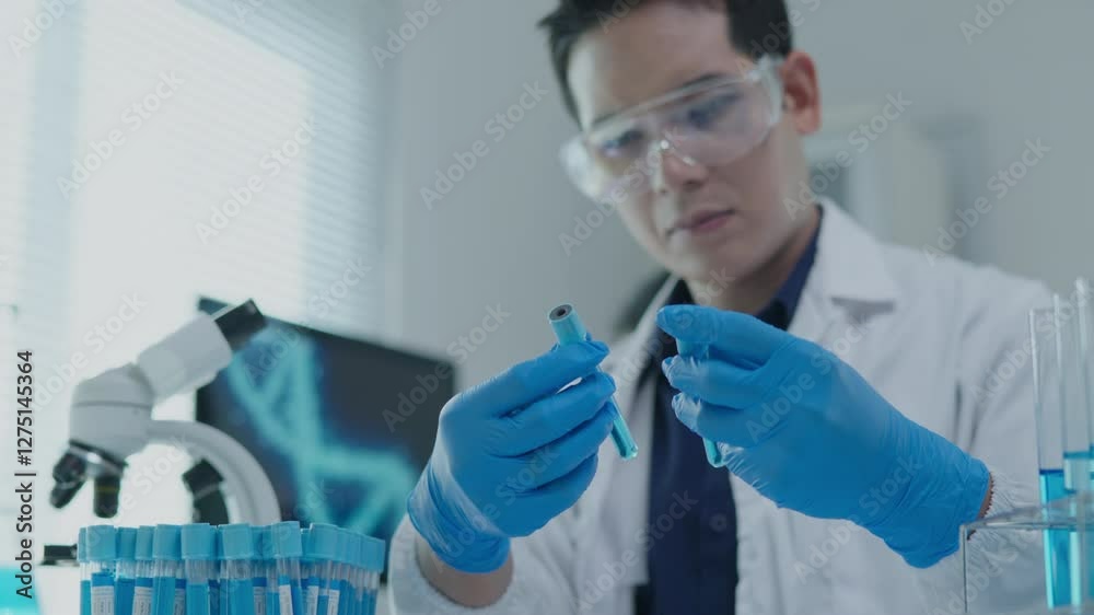 Scientist drop and swing mix aand check chemical a test tube in laboratory for research on pharmacy medical for healing and antibody for protect disease and virus Scientist drop and swing mix aand check chemical a test tube in laboratory for research on pharmacy medical for healing and antibody for protect disease and virus