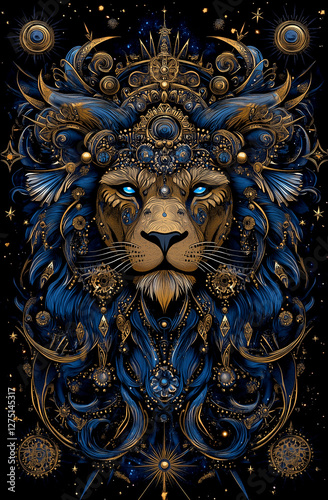 Blue and gold lion with a blue eye. The lion is surrounded by stars and has a crown on its head