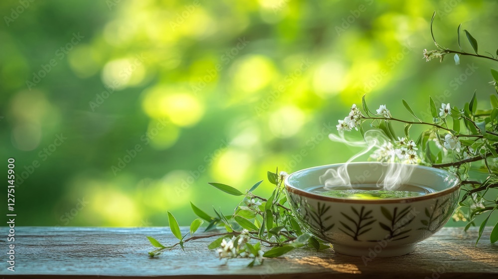 Fresh willow branches with seasonal flowers beside a steaming herbal tea, evoking nature's calm and renewal. Fresh willow branches with seasonal flowers beside a steaming herbal tea, evoking nature's calm and renewal.