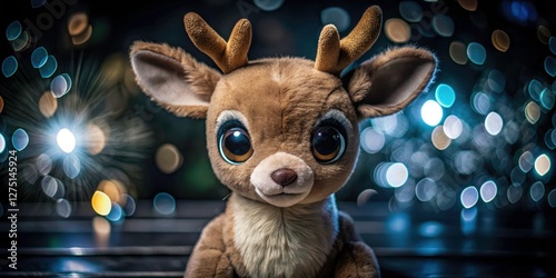 Long exposure reveals the soft glow of a cute, big-eyed plush deer sitting peacefully against a pure white background.
