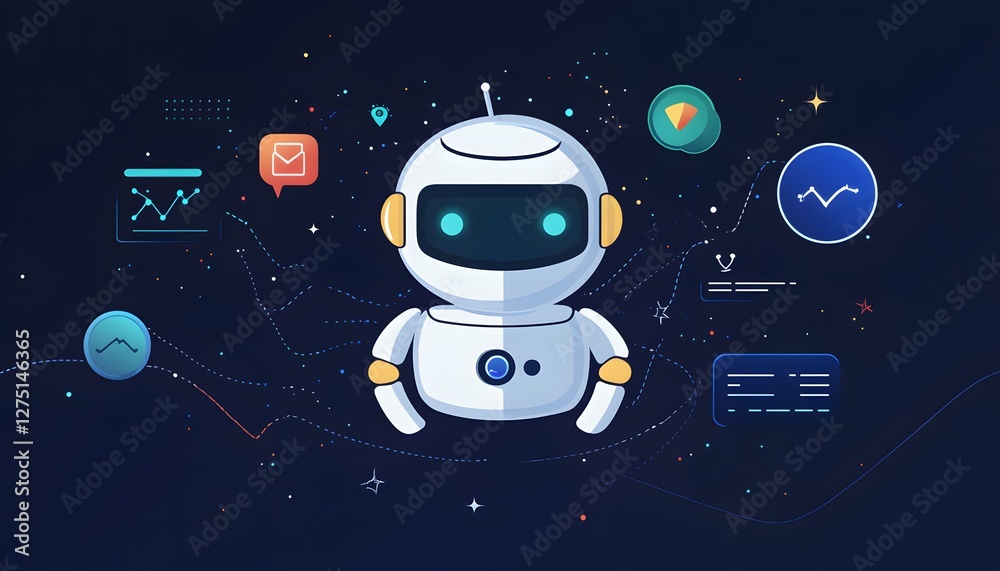 Naklejka premium A futuristic robot icon representing artificial intelligence and automation, surrounded by data visuals and tech symbols. Perfect for projects related to technology and innovation.