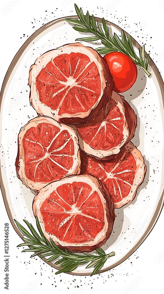 Grapefruit slices, plate, rosemary, tomato, overhead view