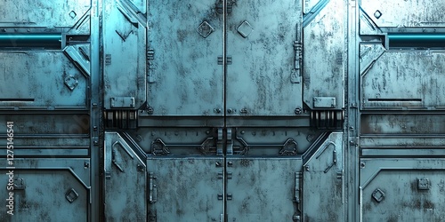 Tileable sci-fi texture with futuristic mech panels, piping, and glowing blue lights. Weathered white & black highlights, perfect for games and 3D art. High-res, unreal-ready.