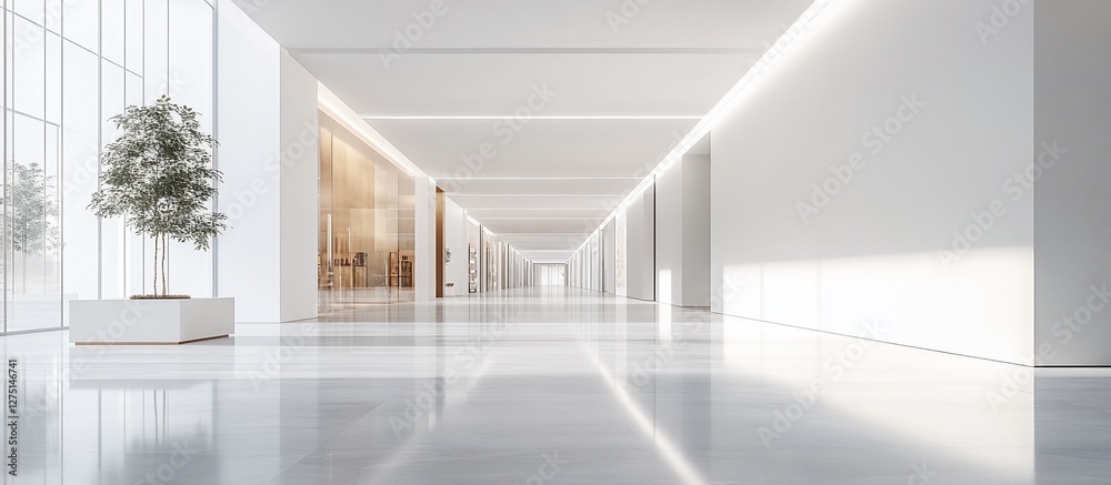 Obraz premium Modern minimalist interior of a spacious hallway with a decorative plant and bright lighting