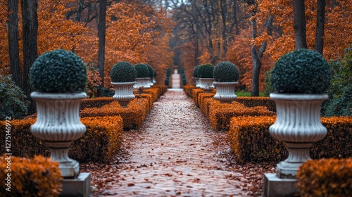Autumn park path with topiary, serene scene