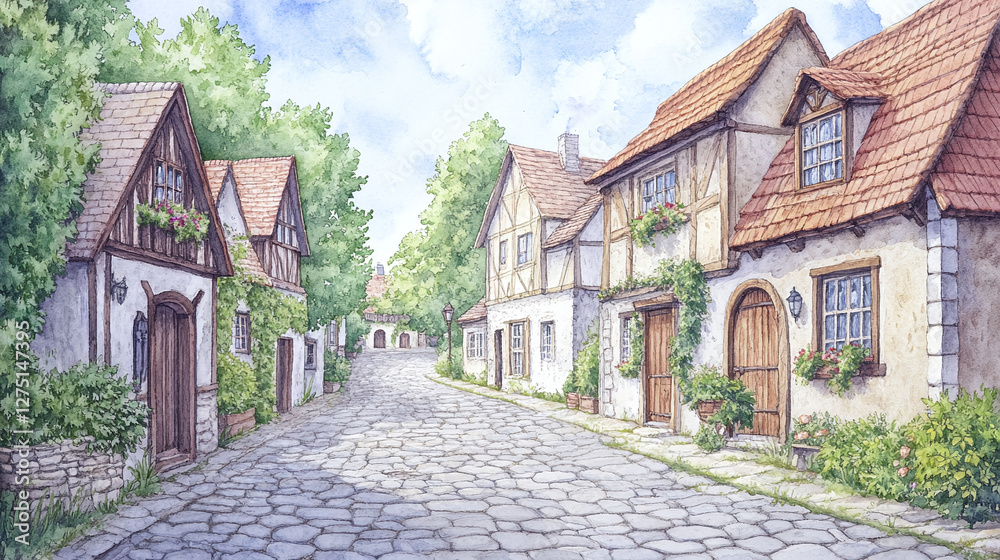 Watercolor Painting of a Quaint European Village Street
