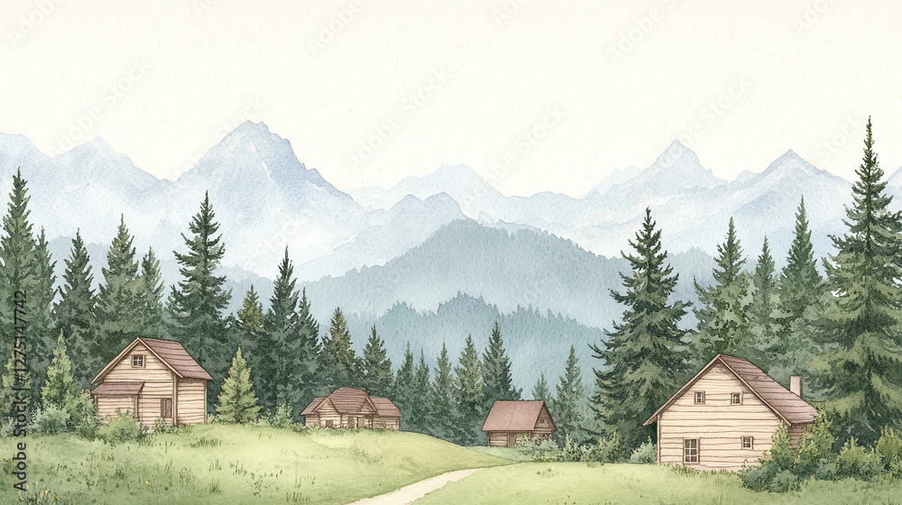 Watercolor Painting of Mountain Cabin Landscape Watercolor Painting of Mountain Cabin Landscape