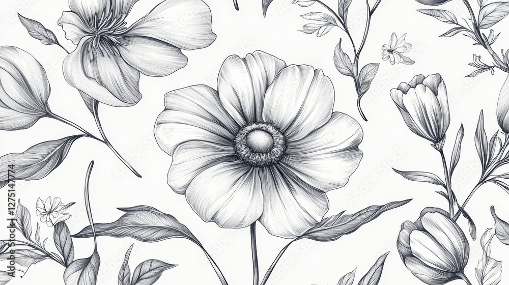 custom made wallpaper toronto digitalDelicate botanical line art featuring naturally imperfect hand-drawn flower silhouettes, including detailed daisy, tulip, and wildflower outlines with visible pencil stroke textures, organic leaf