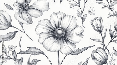 Wallpaper Mural Delicate botanical line art featuring naturally imperfect hand-drawn flower silhouettes, including detailed daisy, tulip, and wildflower outlines with visible pencil stroke textures, organic leaf Torontodigital.ca