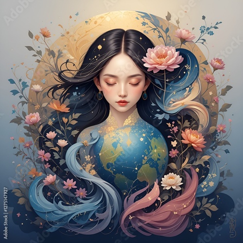 Ethereal Portrait of a Woman Embracing the Earth with Blooming Flowers – International Women's Day Art photo