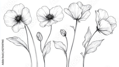 Wallpaper Mural Elegant botanical illustration set with deliberately imperfect hand-drawn florals, showcasing naturally flowing line work of wild meadow flowers, delicate leaf clusters, and graceful stems, featuring Torontodigital.ca