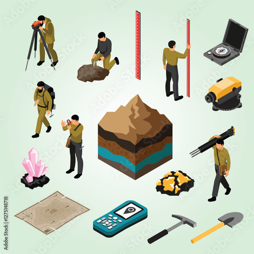 Geologist tools supplies gear accessories isometric icons set with minerals hardness kit map compass hammer vector illustration