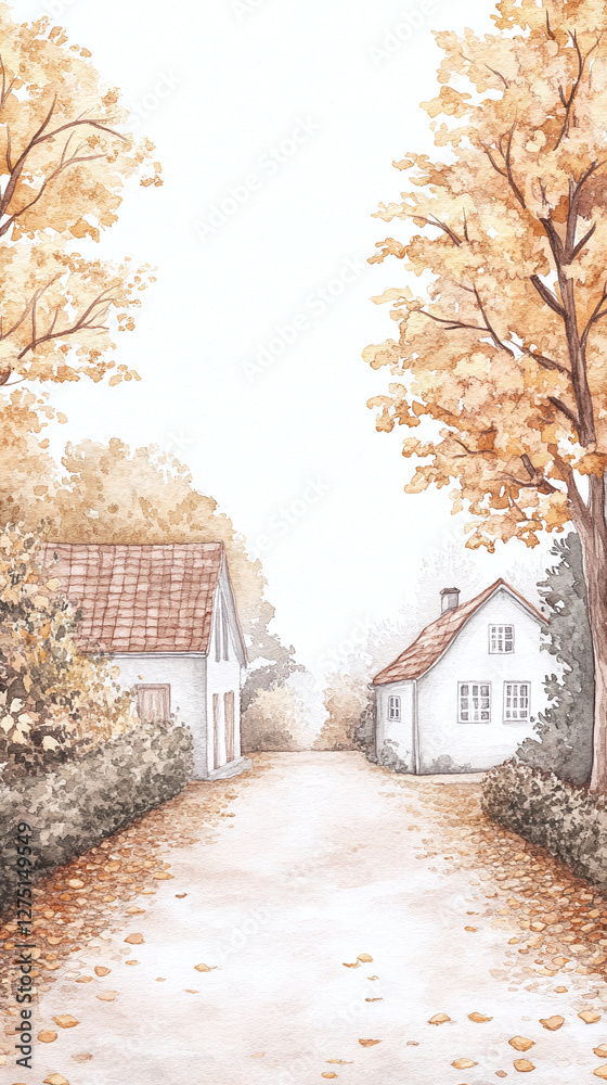 Naklejka premium Autumn Village Watercolor Painting