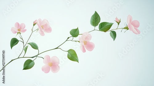 Wallpaper Mural Elegant floral branch illustration featuring delicate pink garden roses in various blooming stages, natural green foliage with detailed leaf veins, graceful curved stems, botanical art style with Torontodigital.ca