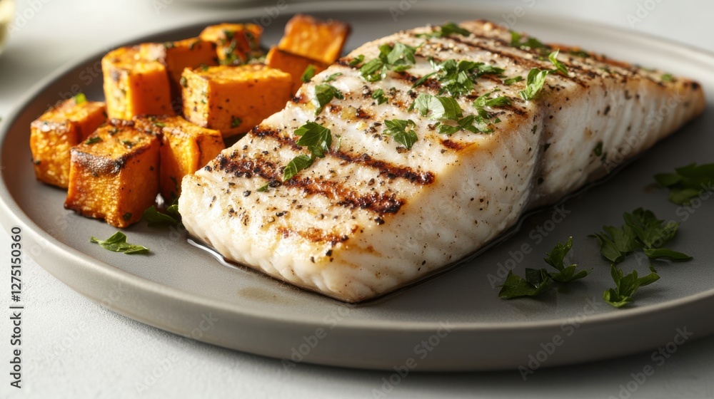 A perfectly grilled halibut steak with a side of roasted A perfectly grilled halibut steak with a side of roasted