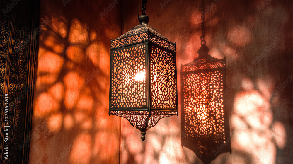intricately crafted moroccan hanging lantern casting intricate shadow patterns on walls with warm ambient lighting, perfect for exotic interior decor and cultural ambiance setting