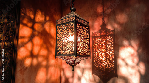 Obraz na płótnie intricately crafted moroccan hanging lantern casting intricate shadow patterns on walls with warm ambient lighting, perfect for exotic interior decor and cultural ambiance setting w salonie