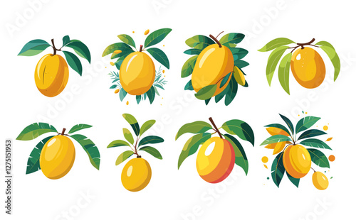 Icons sets collection of colorful illustrations of mangoes with various leaf arrangements and artistic styles, highlighting the fruit's vibrant colors and natural beauty