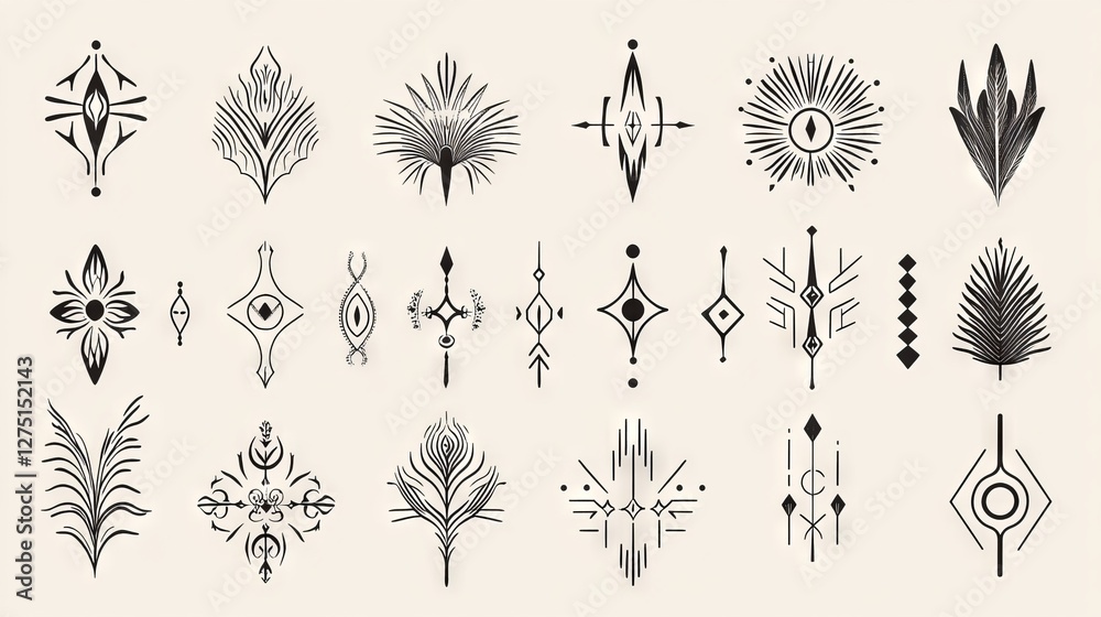 modern botanical line symbols, minimal sacred geometry, organic abstract patterns, delicate floral contours, ethereal nature elements, simplified mystical motifs, clean flowing lines, contemporary modern botanical line symbols, minimal sacred geometry, organic abstract patterns, delicate floral contours, ethereal nature elements, simplified mystical motifs, clean flowing lines, contemporary