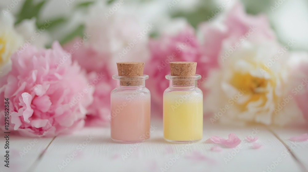 two small glass bottles with cork stoppers, filled with pink and yellow liquid. The bottles are placed on a white wooden surface, surrounded by pink and white peonies two small glass bottles with cork stoppers, filled with pink and yellow liquid. The bottles are placed on a white wooden surface, surrounded by pink and white peonies
