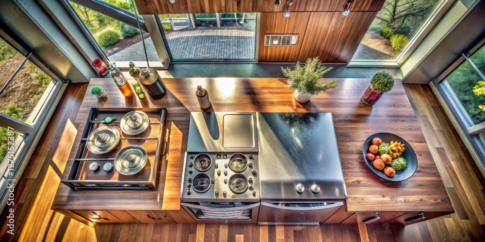 Modern metal countertop and sink dominate this panoramic kitchen; stovetop in view. Modern metal countertop and sink dominate this panoramic kitchen; stovetop in view.