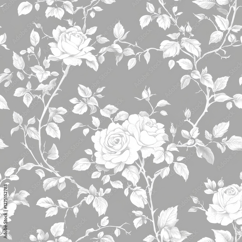 refined rose pattern, white botanical silhouettes, flowing ornamental foliage, sophisticated vintage design, gentle gray background, classic floral motifs, elegant repeat composition, antique garden refined rose pattern, white botanical silhouettes, flowing ornamental foliage, sophisticated vintage design, gentle gray background, classic floral motifs, elegant repeat composition, antique garden