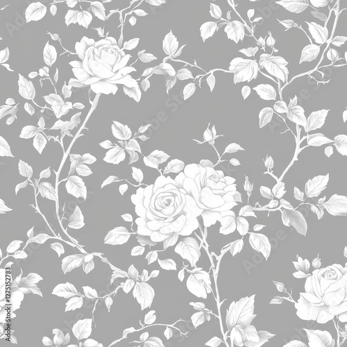Wallpaper Mural refined rose pattern, white botanical silhouettes, flowing ornamental foliage, sophisticated vintage design, gentle gray background, classic floral motifs, elegant repeat composition, antique garden Torontodigital.ca