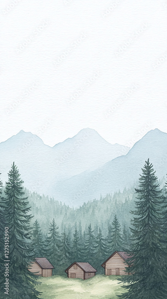 Fototapeta premium Misty Mountain Landscape with Wooden Cabins