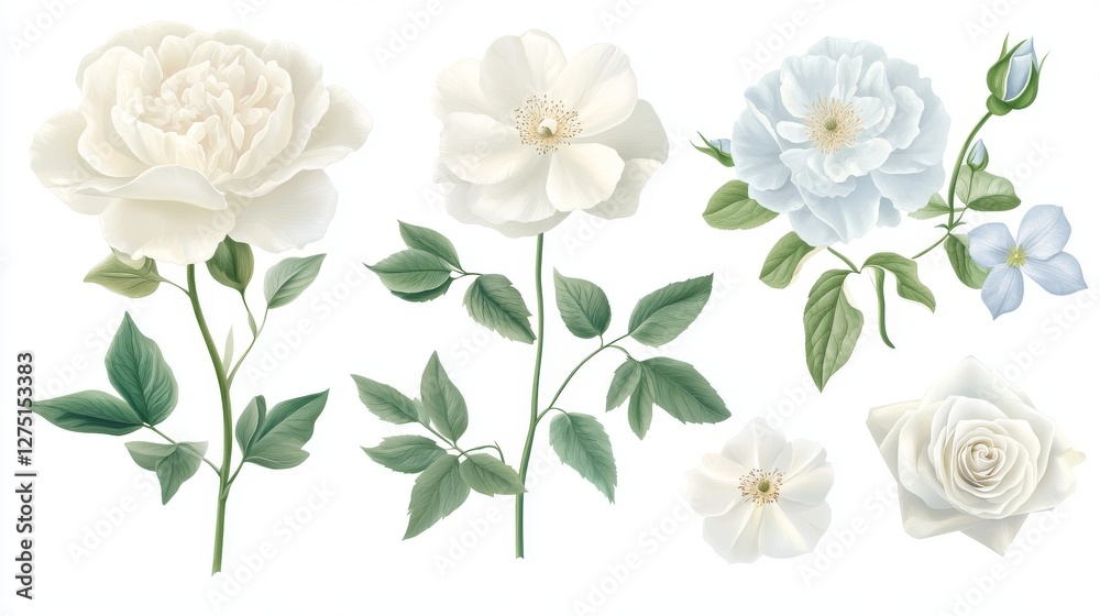 Fototapeta premium sophisticated floral collection, blooming peonies, classic roses, pale blue clematis, fresh leaf arrangements, romantic garden style, delicate summer bouquets, refined botanical elements, elegant