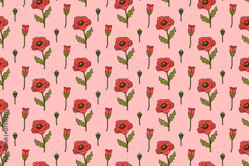 sprig of poppy flower with buds colorful seamless pattern on pink background. stem of poppies doodle illustration pattern background. poppy flower sprigs background for florist decor and merchandise