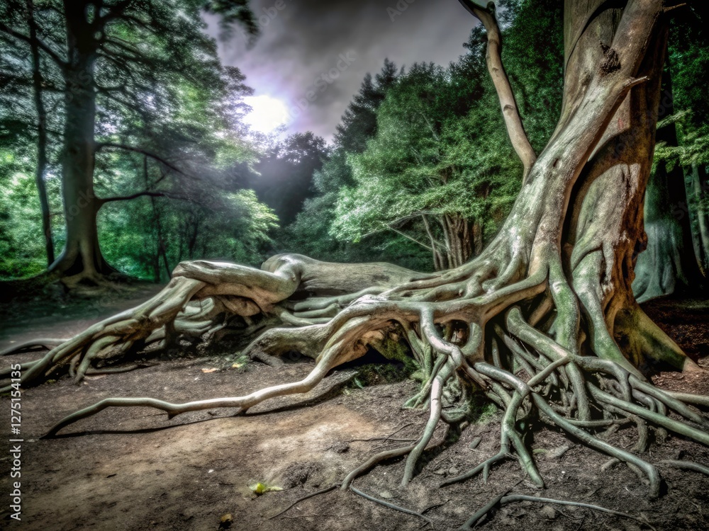 Night's embrace: A fallen tree, shrouded in darkness, reveals its roots in a mystical woodland. Night's embrace: A fallen tree, shrouded in darkness, reveals its roots in a mystical woodland.