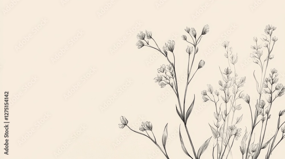 Naklejka premium Luxury botanical sketch, minimalist floral line art, sophisticated wedding invitation design, elegant scattered wildflowers, refined hand-drawn elements, graceful organic composition, subtle natural