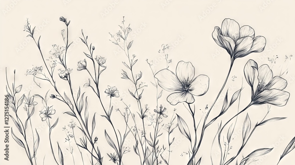 Luxury botanical sketch, minimalist floral line art, sophisticated wedding invitation design, elegant scattered wildflowers, refined hand-drawn elements, graceful organic composition, subtle natural Luxury botanical sketch, minimalist floral line art, sophisticated wedding invitation design, elegant scattered wildflowers, refined hand-drawn elements, graceful organic composition, subtle natural