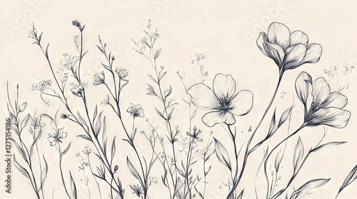 Luxury botanical sketch, minimalist floral line art, sophisticated wedding invitation design, elegant scattered wildflowers, refined hand-drawn elements, graceful organic composition, subtle natural