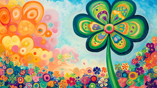 Whimsical fantasy clover illustration vibrant colorful abstract surreal St Patricks Day lopsided shamrock artistic cheerful playful psychedelic floral dreamy vivid decorative festive joy fun clipart