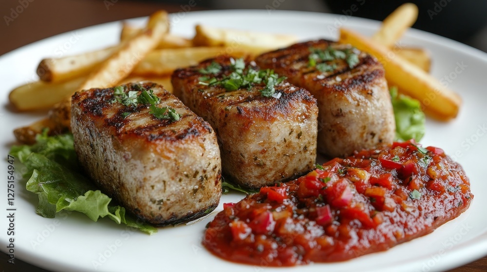 A plate featuring grilled fish, fries, and salsa on a bed of lettuce. A plate featuring grilled fish, fries, and salsa on a bed of lettuce.