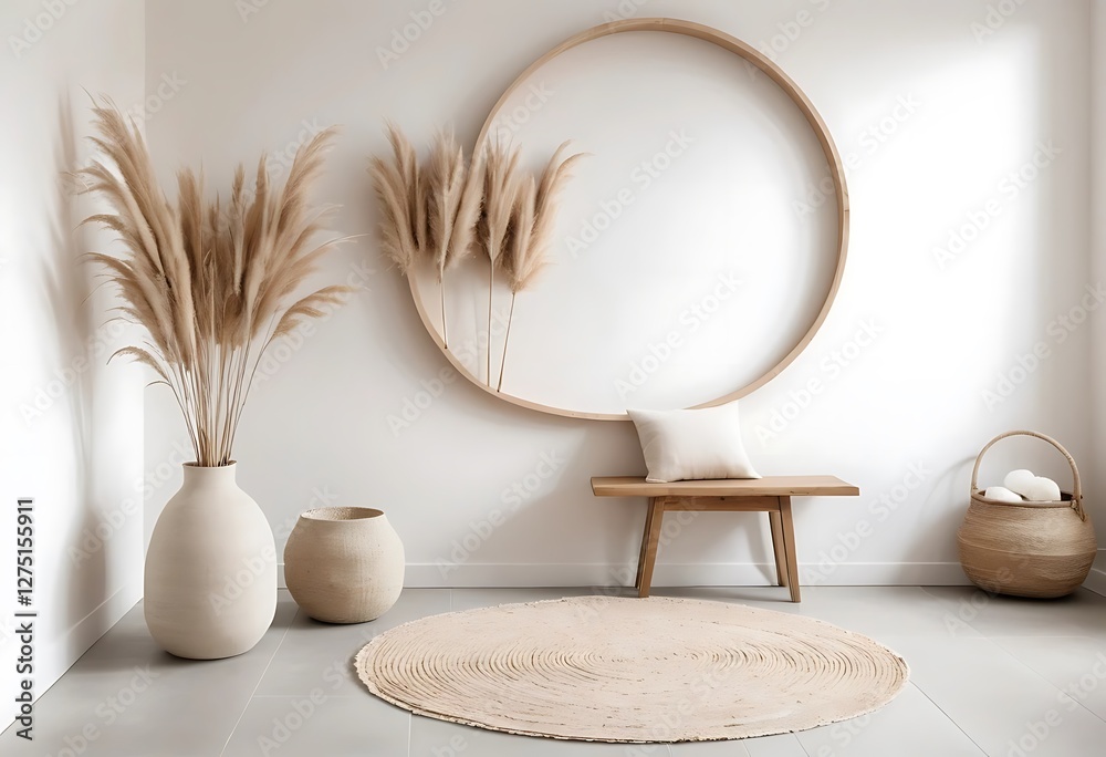 Obraz premium Serene interior scene with pampas grass and circular wooden frame