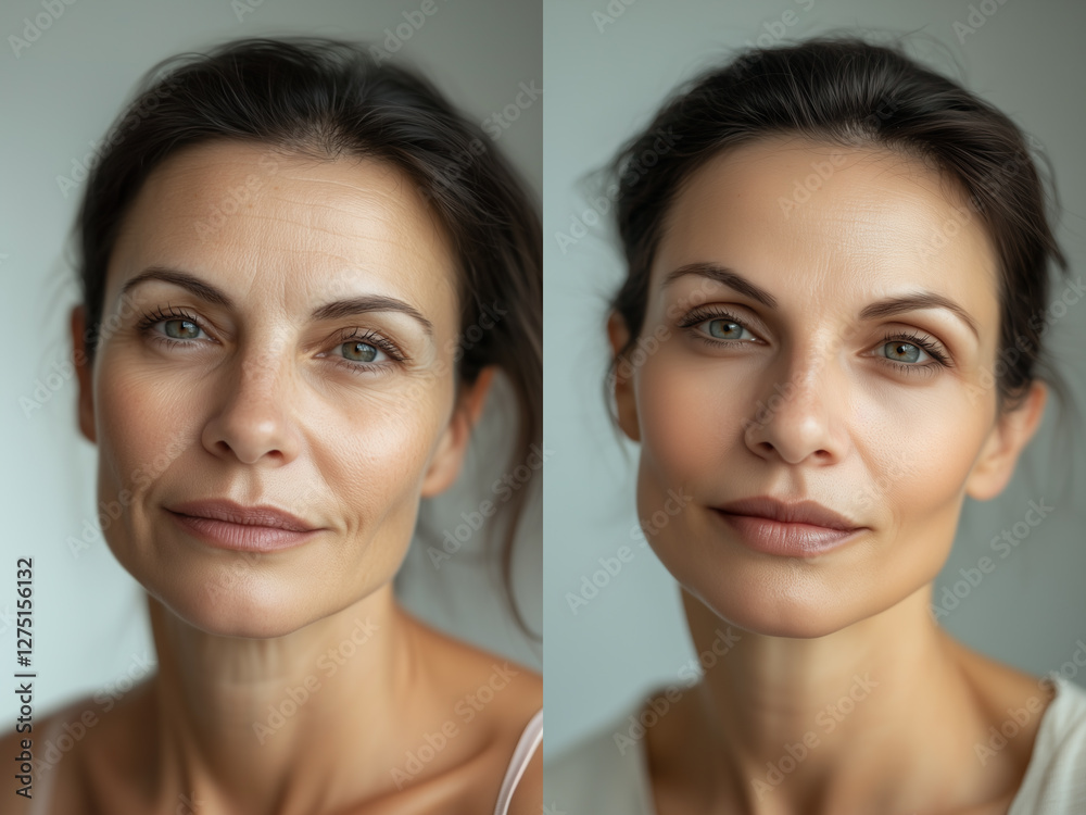 before and after of 40 year old woman face with wrinkles and cosmetic treatment looking younger
before and after of 40 year old woman face with wrinkles and cosmetic treatment looking younger