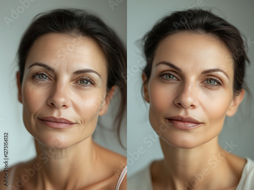 before and after of 40 year old woman face with wrinkles and cosmetic treatment looking younger	

