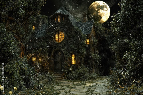 Enchanted mansion under moonlight, surrounded by ivy and glowing foliage, creates a mystical and atmospheric night scene, evoking fairy tale vibes.