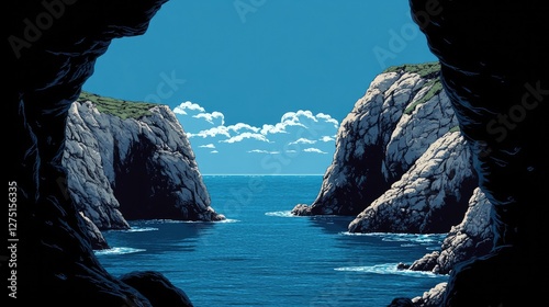 Coastal cave, ocean view, serene landscape. Possible stock photo use