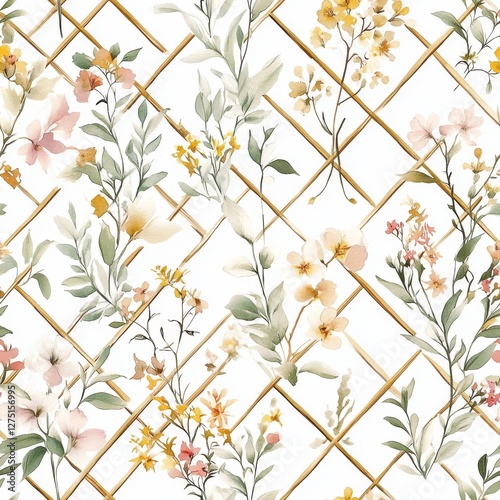 Botanical garden pattern, delicate wildflowers arrangement, golden lattice framework, medieval flora motif, soft watercolor flowers, white background, vintage herbarium style, detailed leaf