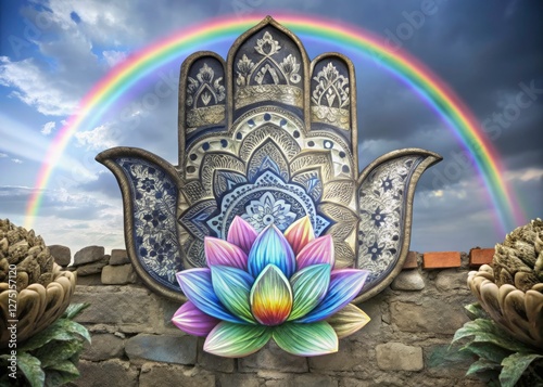 Rainbow hamsa and lotus flower create a peaceful, oriental-inspired landscape for your home. photo