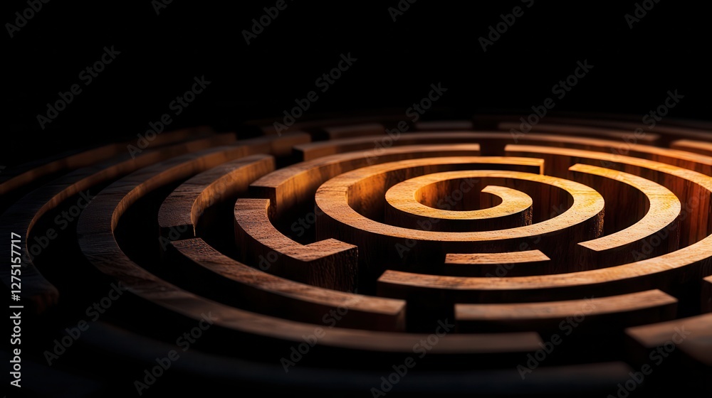 Fototapeta premium Cognitive decline concept. Intricate wooden labyrinth with glowing spiral pattern against a dark background.