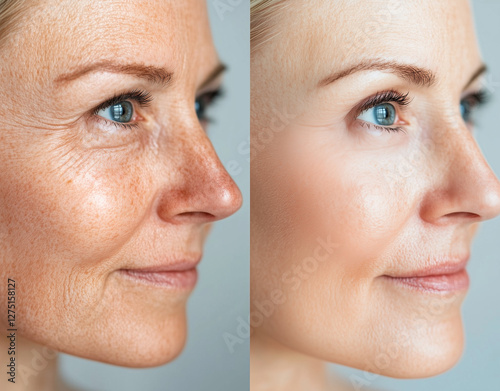 before and after woman's face with wrinkles, freckles, and cosmetic laser treatment looking younger	
