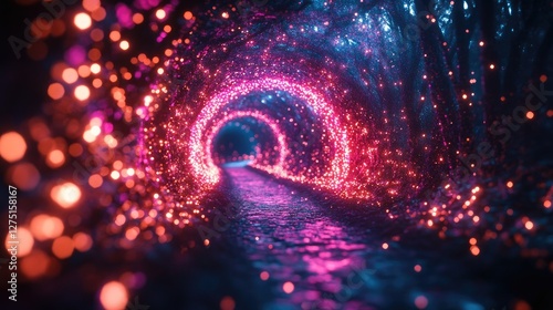 Magical glowing tunnel, vibrant light path, mystical forest backdrop, use for wallpaper, posters, or screensavers