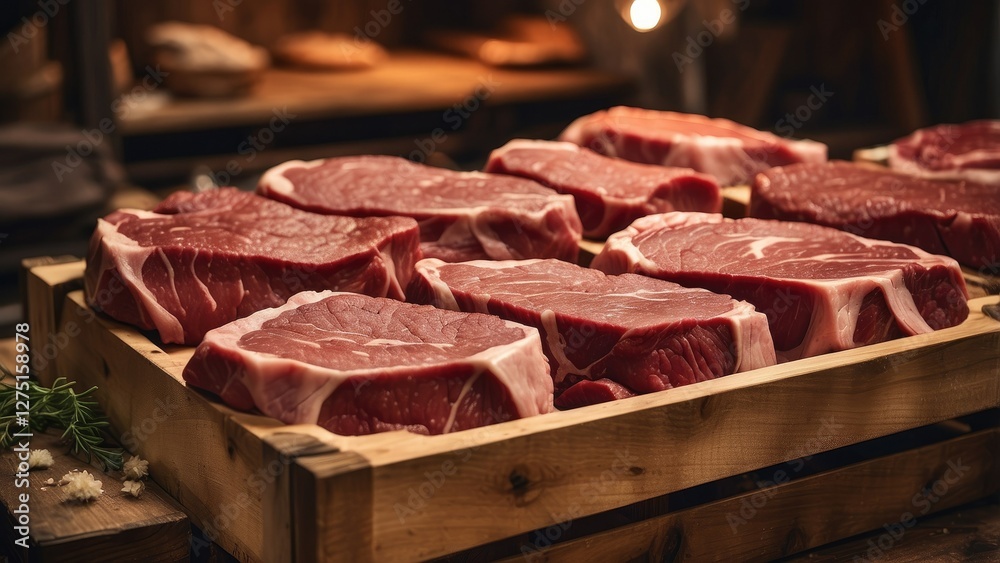 Fototapeta premium A wooden tray filled with various cuts of fresh meat,
