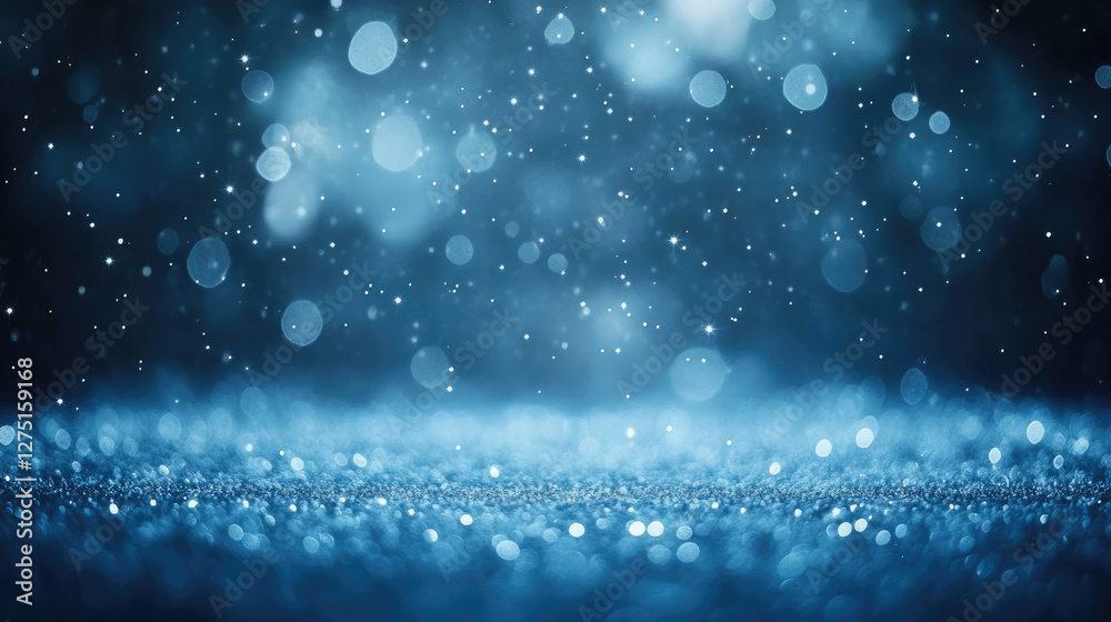 A starry night sky with blue light bokeh and glowing stars, offering a serene, festive background perfect for holiday celebrations. The soft, dreamy blue glow contrasts beautifully with the dark sky