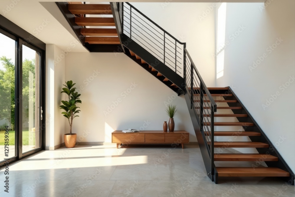 Obraz premium Modern interior design showcasing a sleek wooden staircase with metal railing and minimalist furniture