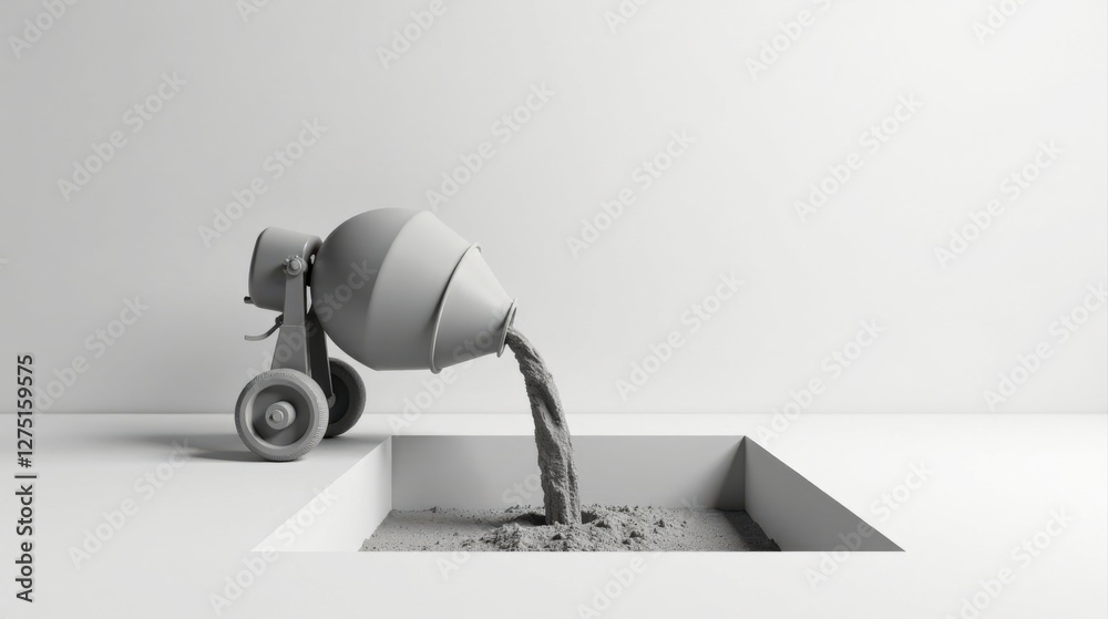 Naklejka premium A cement mixer pours gray concrete into a recessed square foundation during a construction project